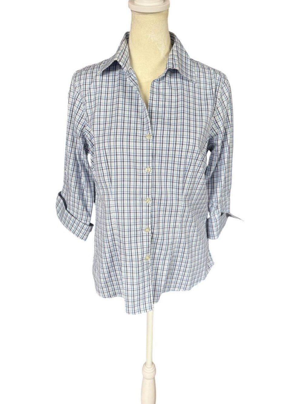 Lands' End no-iron pinpoint oxford plaid 3/4 sleeve collared button up shirt 8P